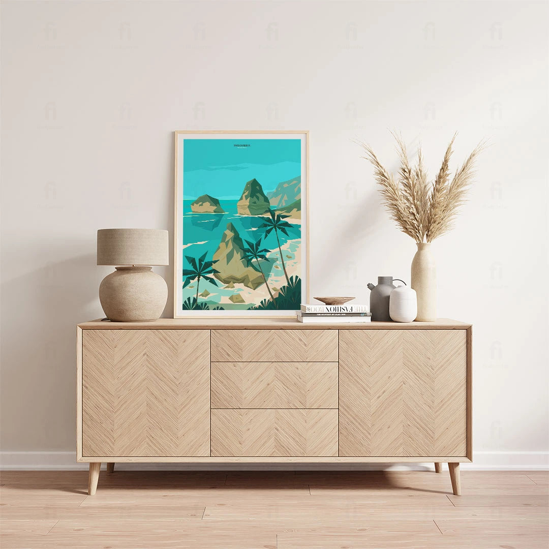 Plakat z Bali wiszący w sypialni w stylu boho.