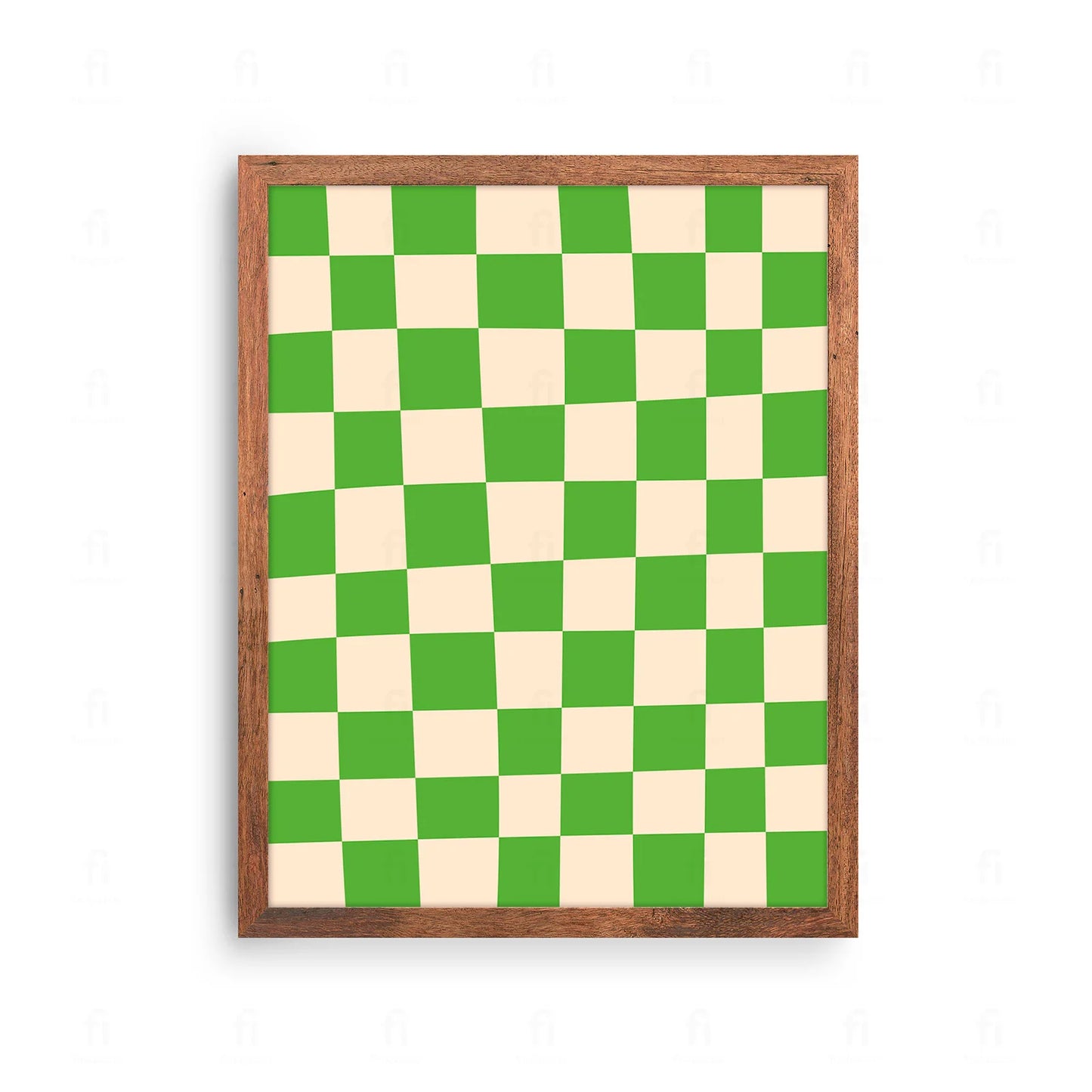 Plakat z minimalistyczną, abstrakcyjną grafiką przedstawiającą wzór zielonej kratki.
