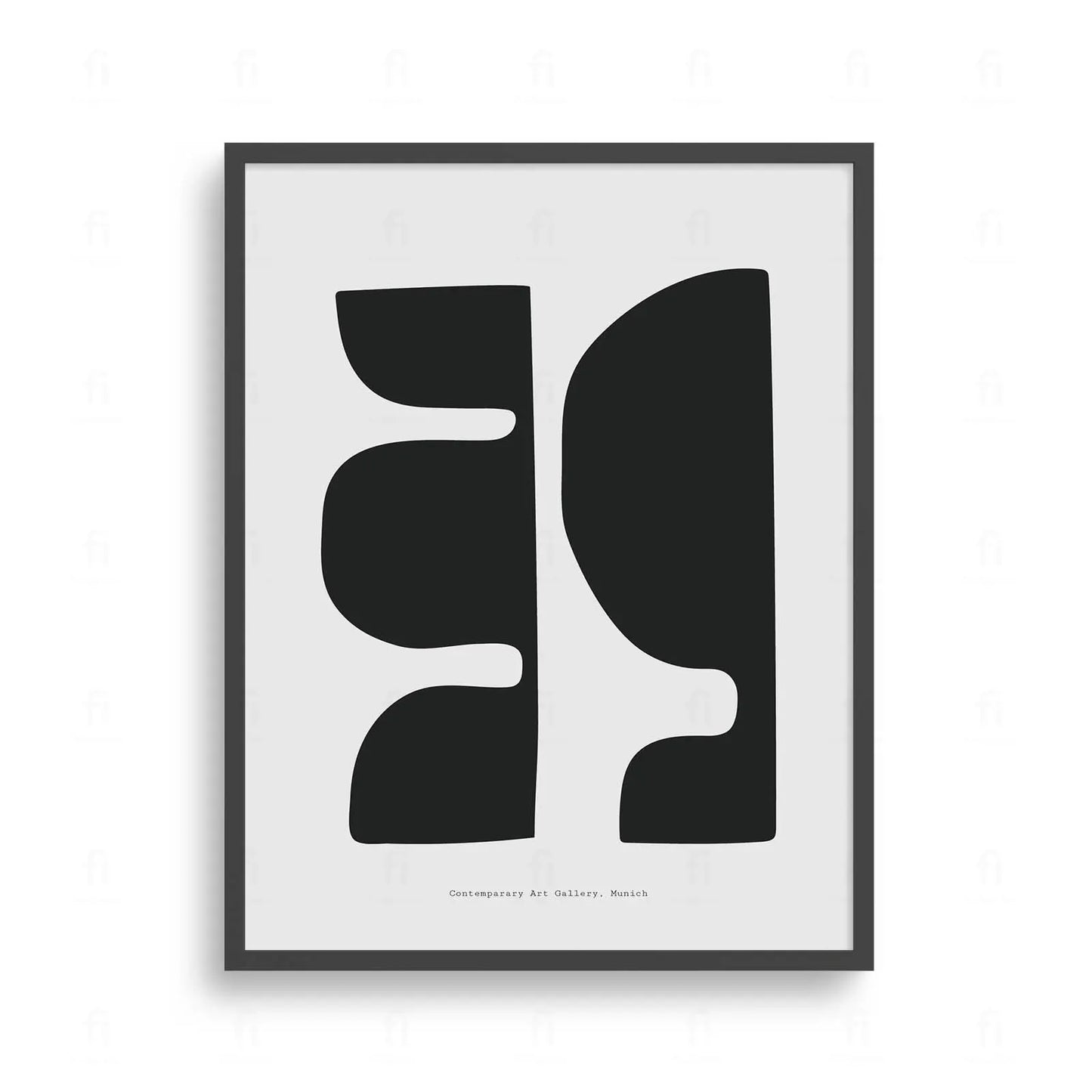 Plakat z czarno-białą, abstrakcyjną grafiką przedstawiającą kompozycję geometrycznych kształtów i form.