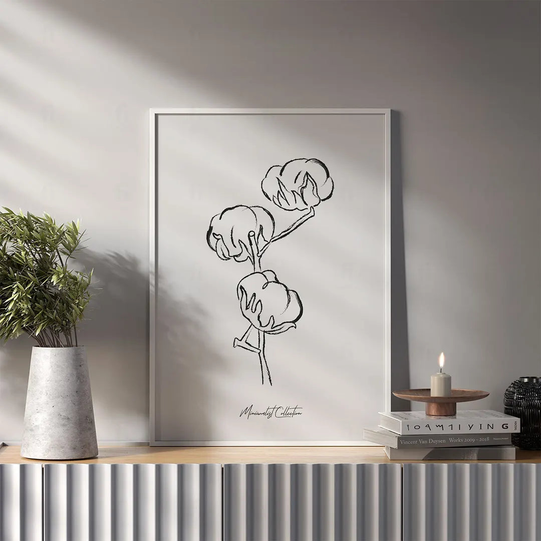 Plakat z czarno-białą grafiką line art przedstawiającą gałązkę bawełny.