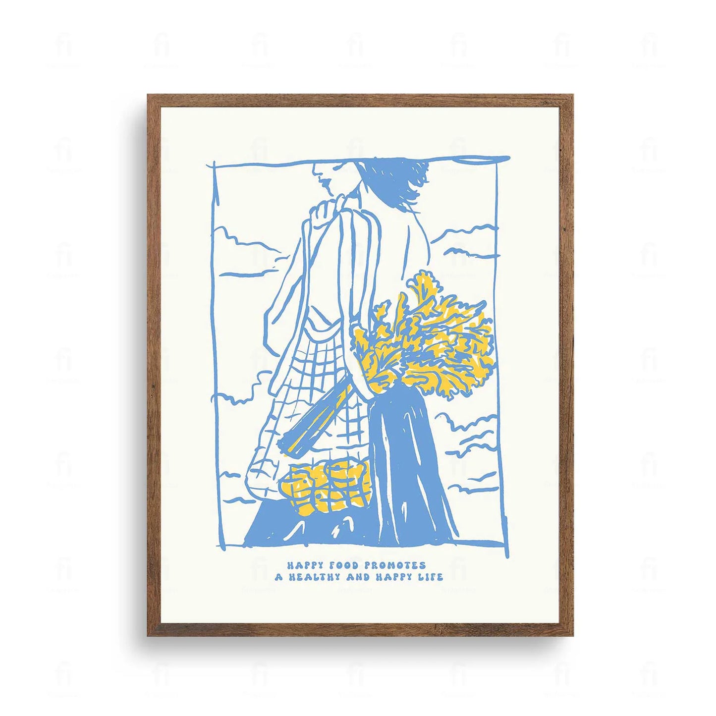 Plakat z radosną, kolorową grafiką i typografią z napisem "Happy Food, Happy Life".