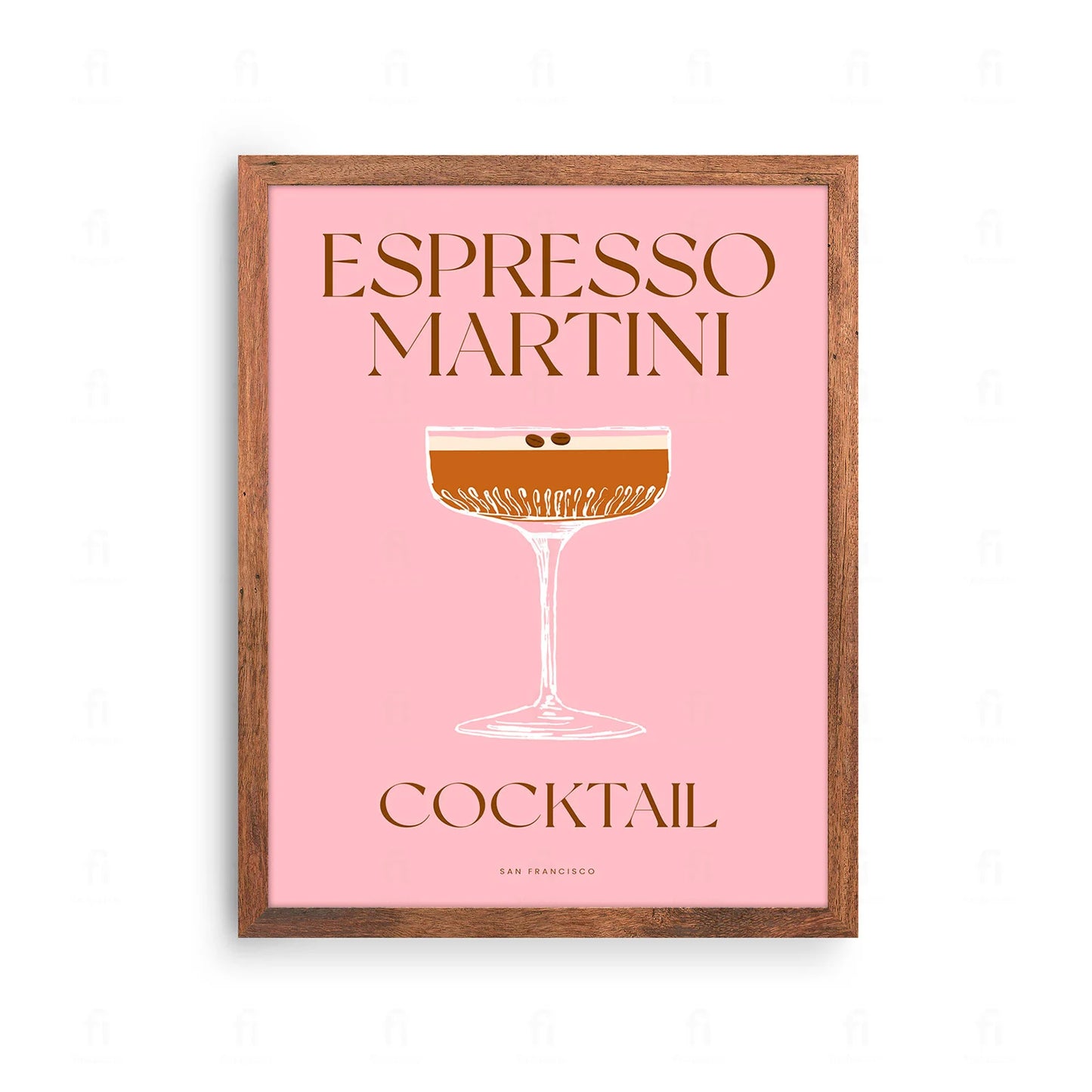 Plakat ze stylową grafiką przedstawiającą koktajl Espresso Martini z ziarenkami kawy.