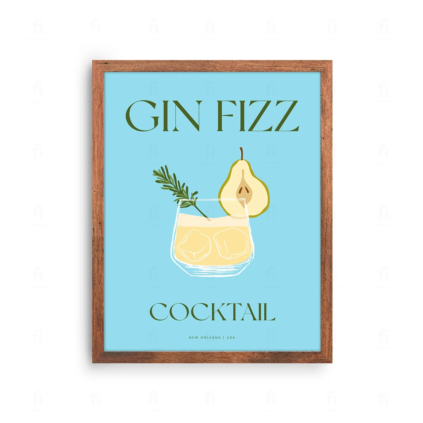 Plakat z klasyczną grafiką przedstawiającą koktajl Gin Fizz w wysokiej szklance z pianką.