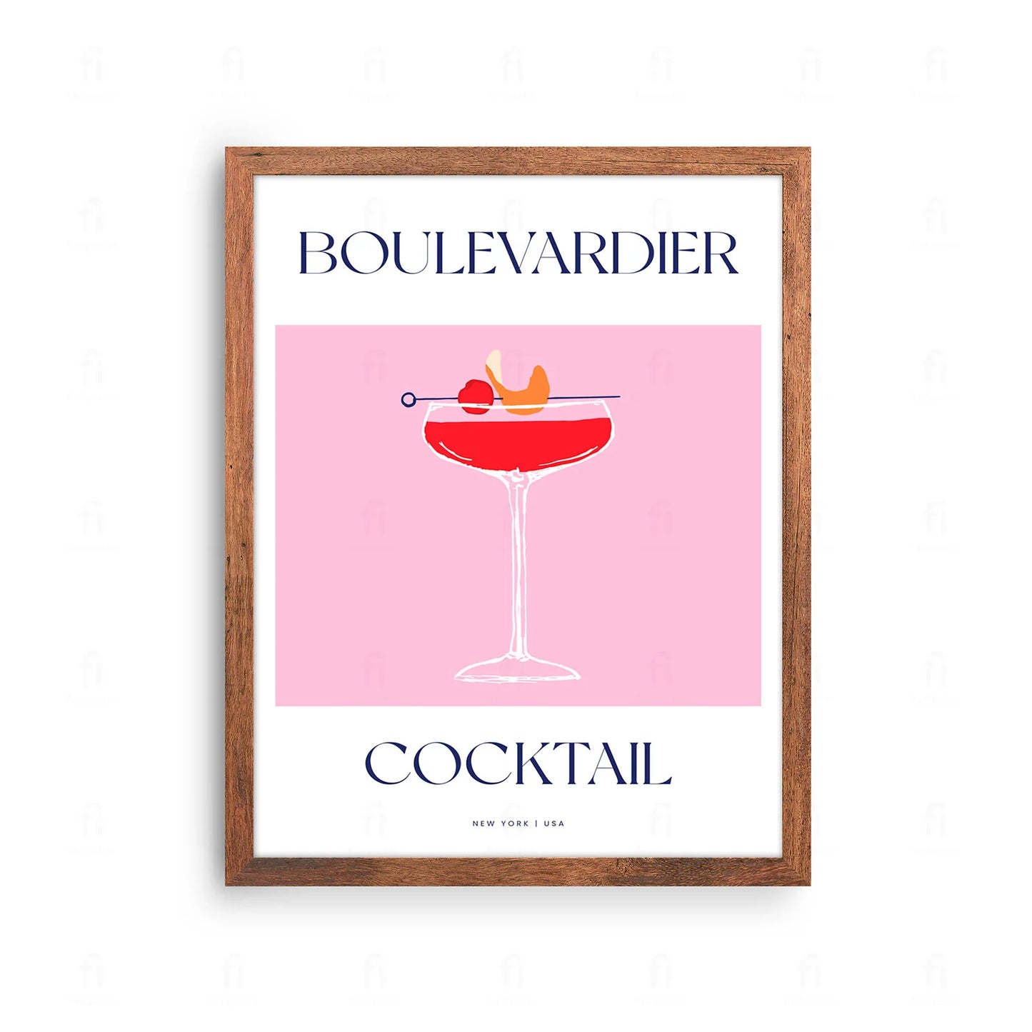 Plakat z klasyczną grafiką przedstawiającą koktajl Boulevardier w niskiej szklance.
