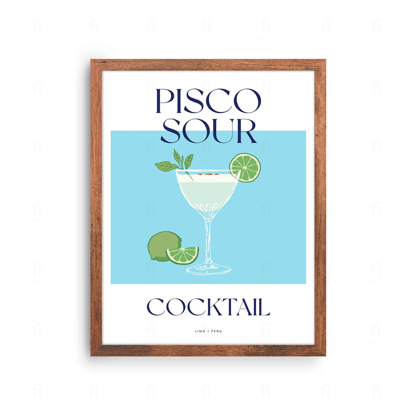 Plakat ze stylową grafiką przedstawiającą koktajl Pisco Sour w szklance.