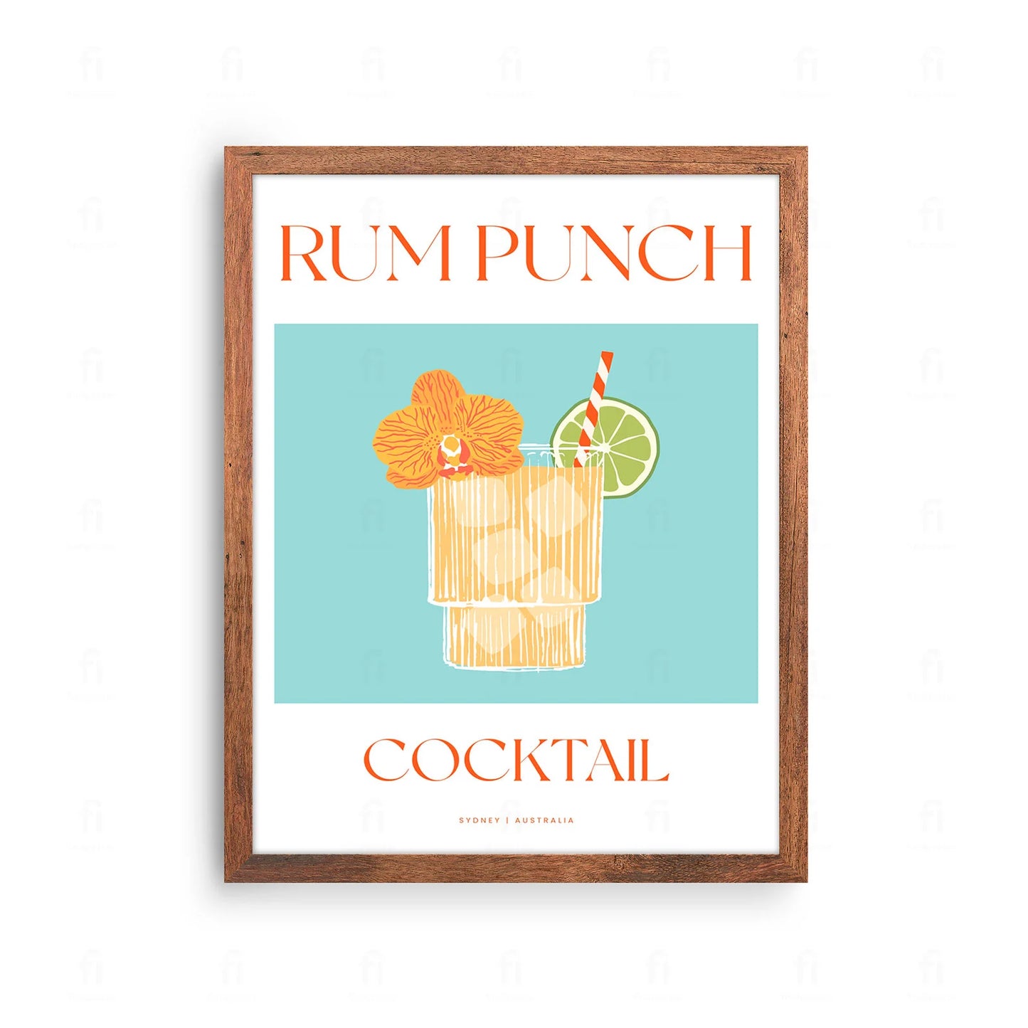 Plakat z egzotyczną grafiką przedstawiającą koktajl Rum Punch z plasterkiem ananasa.