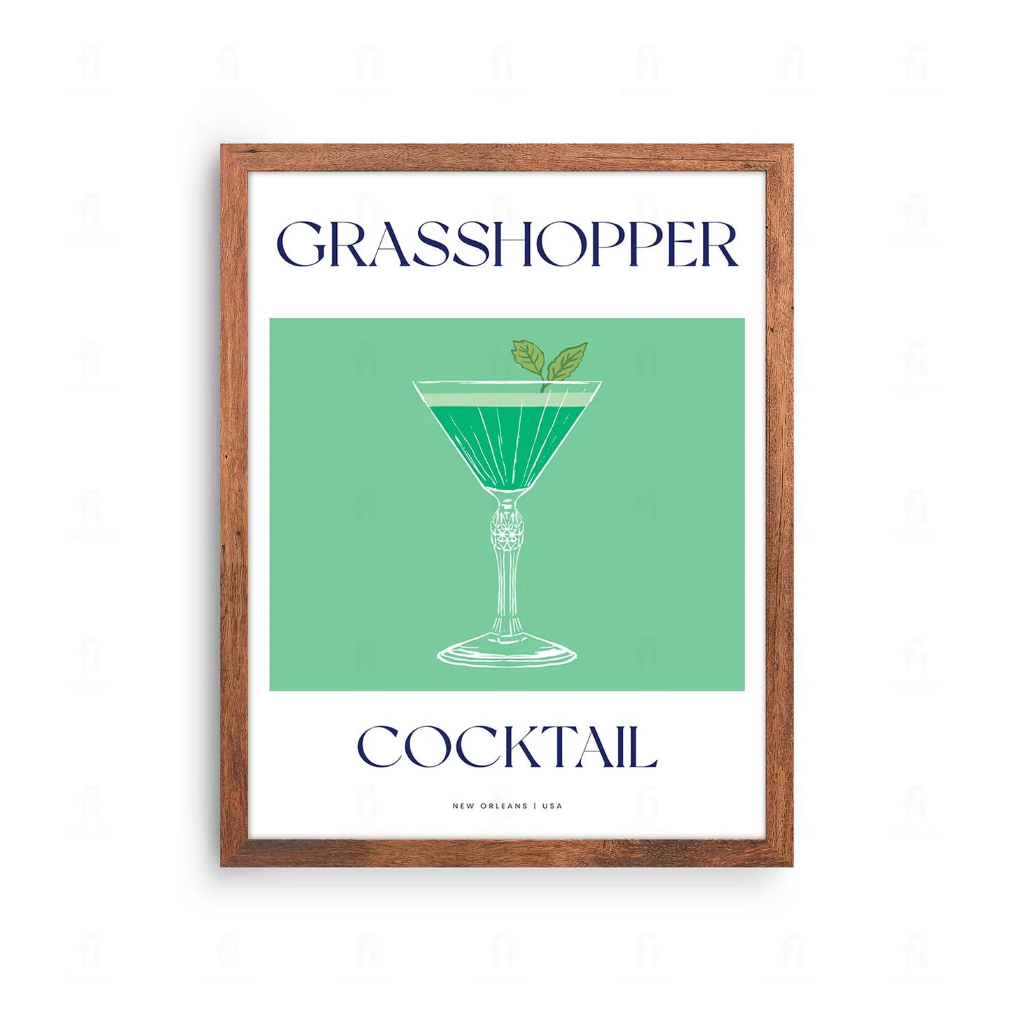 Plakat z artystyczną grafiką przedstawiającą miętowo-zielony koktajl Grasshopper w kieliszku koktajlowym.