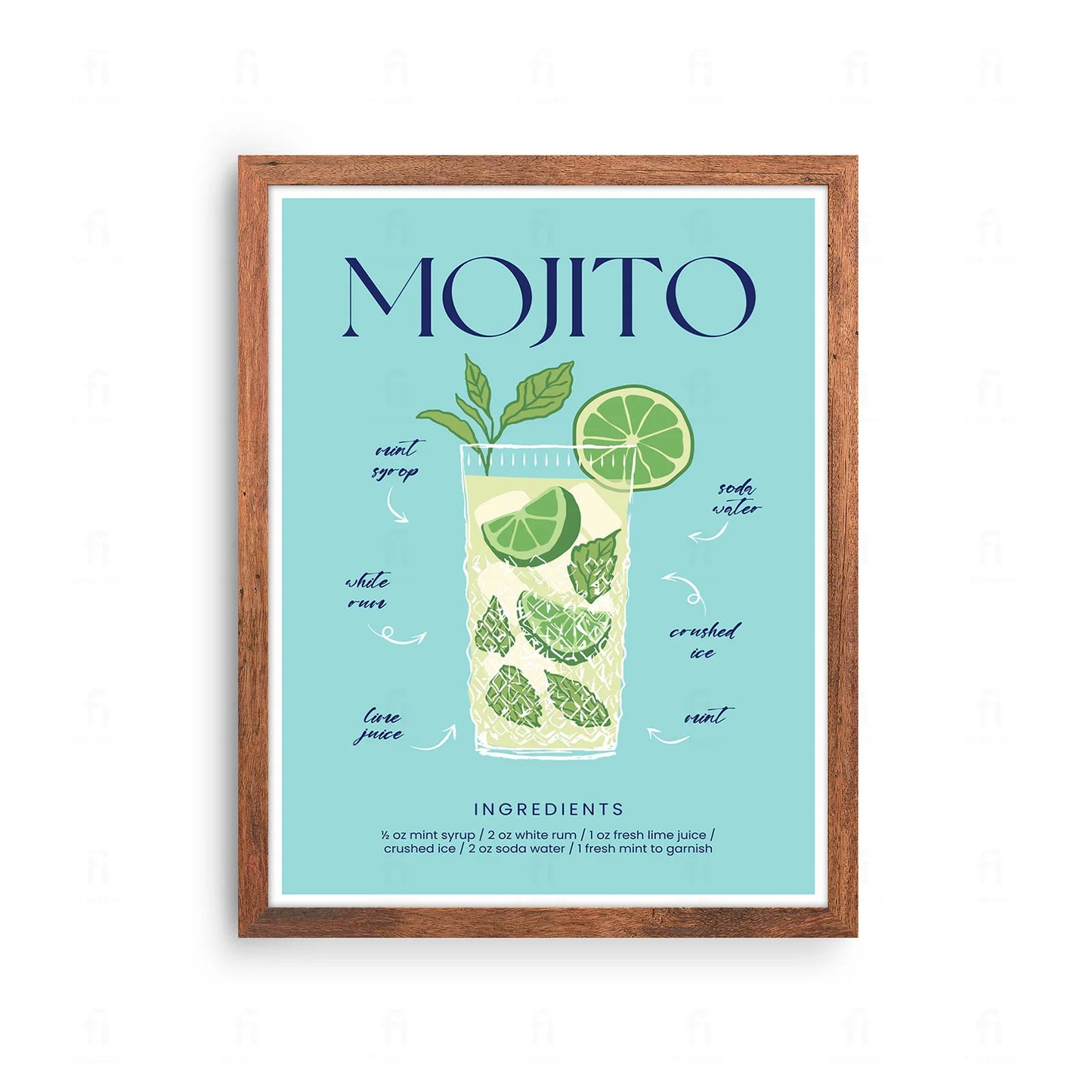 Plakat z grafiką przedstawiającą przepis na orzeźwiający koktajl Mojito.