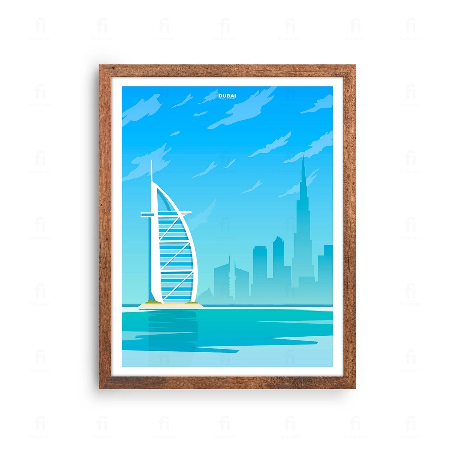 Plakat z nowoczesną grafiką podróżniczą przedstawiającą wieżowiec Burdż al-Arab w Dubaju.