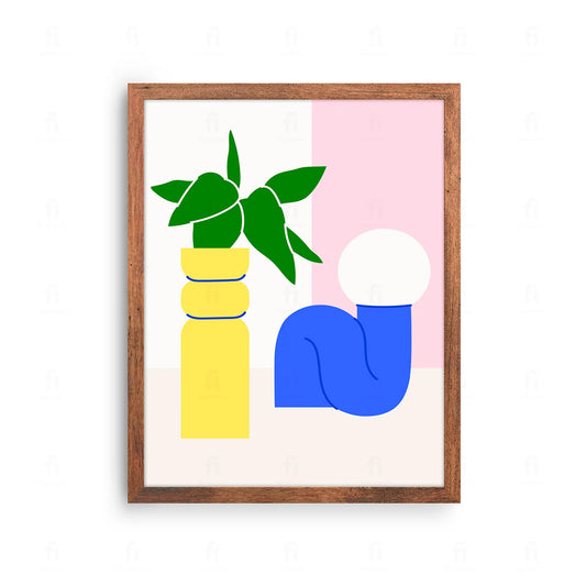 Plakat z abstrakcyjną, geometryczną grafiką przedstawiającą stylizowaną roślinę.
