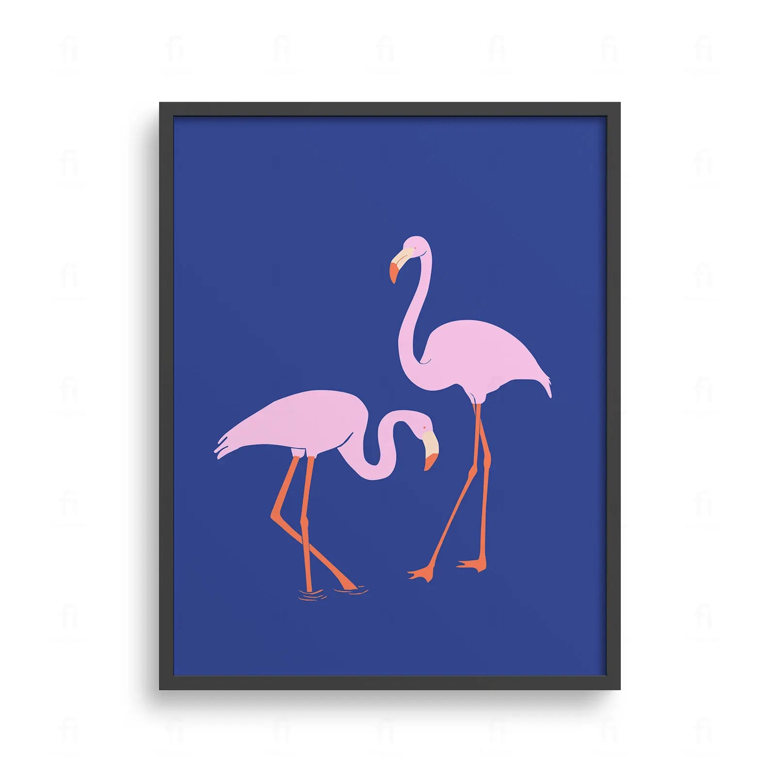 Plakat z kolorową grafiką przedstawiającą dwa różowe flamingi na niebieskim tle 
