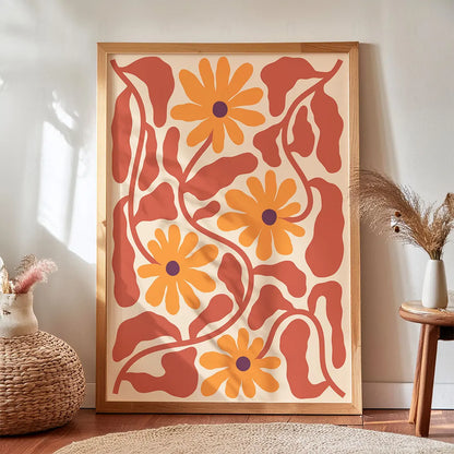 Grafika w stylu retro przedstawiająca gęste, pomarańczowe kwiaty