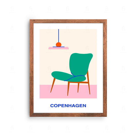 Plakat z minimalistyczną grafiką z napisem "Copenhagen" i designerskim krzesłem.
