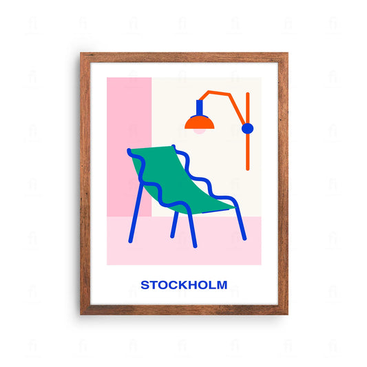 Plakat z artystyczną grafiką przedstawiającą designerski fotel i lampę w stylu skandynawskim.
