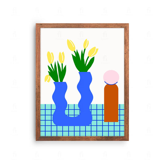 Plakat z nowoczesną grafiką przedstawiającą bukiet tulipanów w designerskim wazonie.
