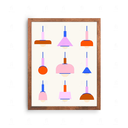 Plakat z graficzną, geometryczną kompozycją przedstawiającą designerskie lampy.

