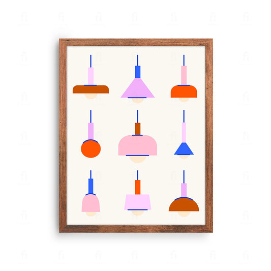 Plakat z graficzną, geometryczną kompozycją przedstawiającą designerskie lampy.
