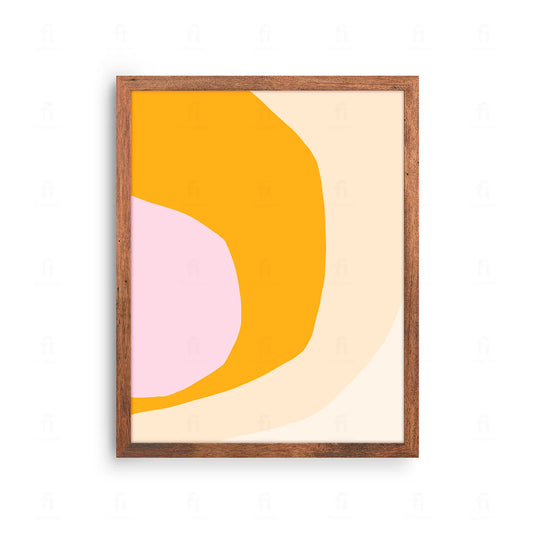 Plakat z minimalistyczną, abstrakcyjną grafiką przedstawiającą słońce i organiczne kształty w ciepłych kolorach.