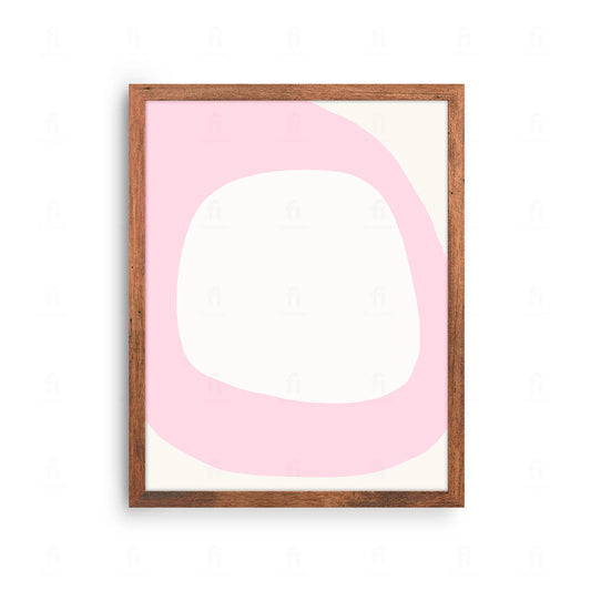 Plakat z minimalistyczną, abstrakcyjną grafiką przedstawiającą kompozycję kształtów w odcieniach różu.