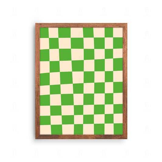 Plakat z minimalistyczną, abstrakcyjną grafiką przedstawiającą wzór zielonej kratki.
