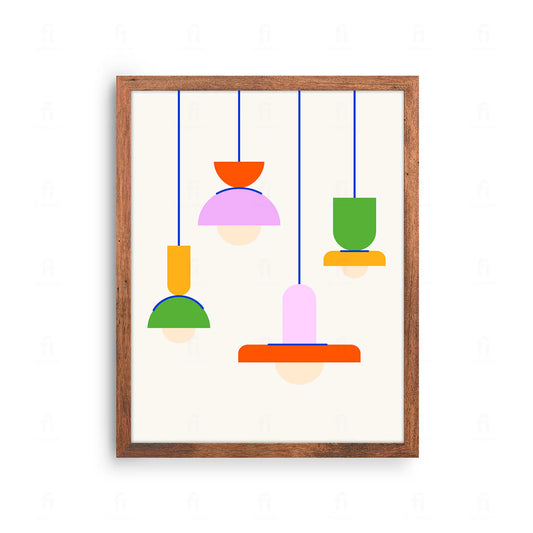 Plakat z artystyczną grafiką przedstawiającą rząd kolorowych lamp wiszących w stylu skandynawskim.