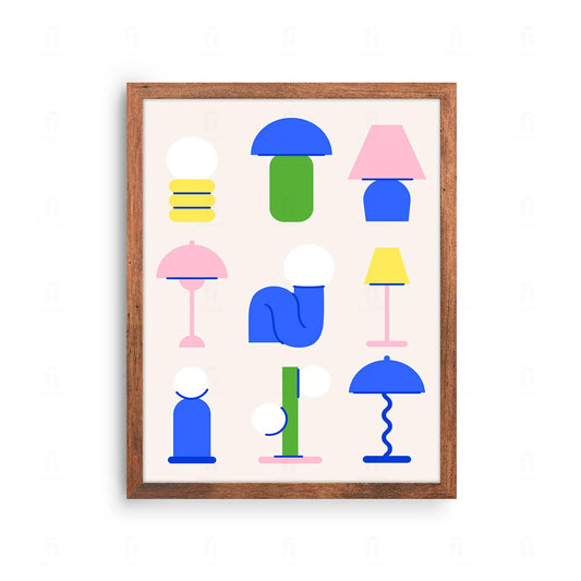 Plakat z artystyczną grafiką przedstawiającą kompozycję różnych lamp w stylu skandynawskim.
