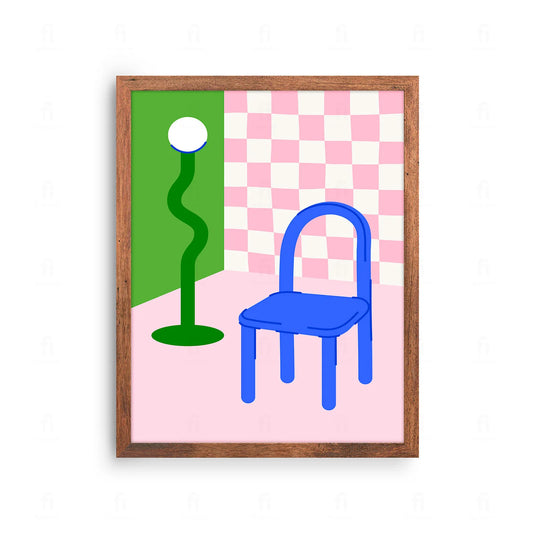 Plakat z minimalistyczną grafiką przedstawiającą designerskie krzesło i lampę podłogową w stylu skandynawskim.
