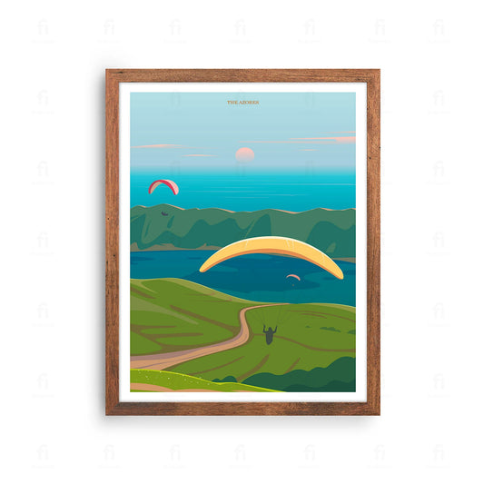Plakat z artystyczną grafiką przedstawiającą zielone wzgórza i widok na ocean na Azorach, Portugalia.
