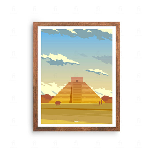 Plakat z artystyczną grafiką przedstawiającą piramidę Majów w Chichen Itza, Meksyk.
