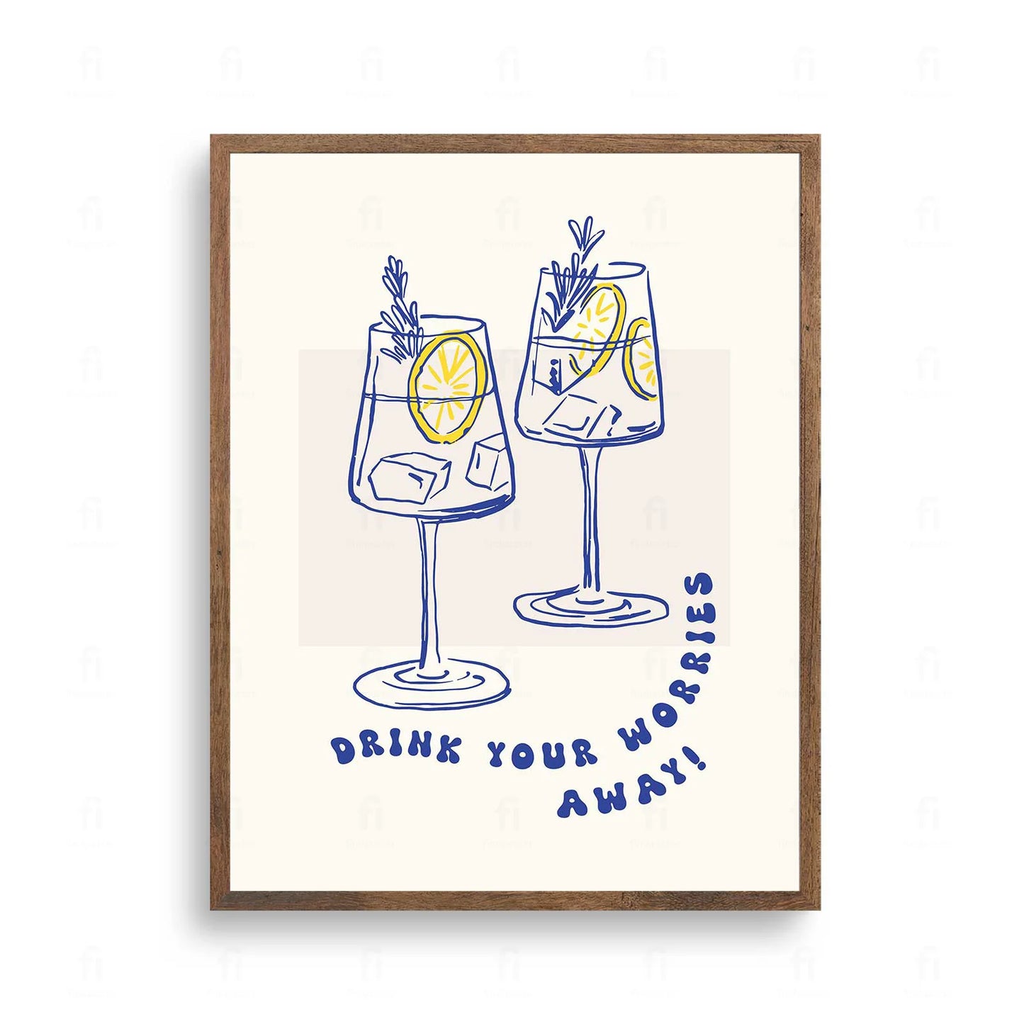 Plakat ze stylową grafiką i typografią z napisem "Drink Your Worries Away".
