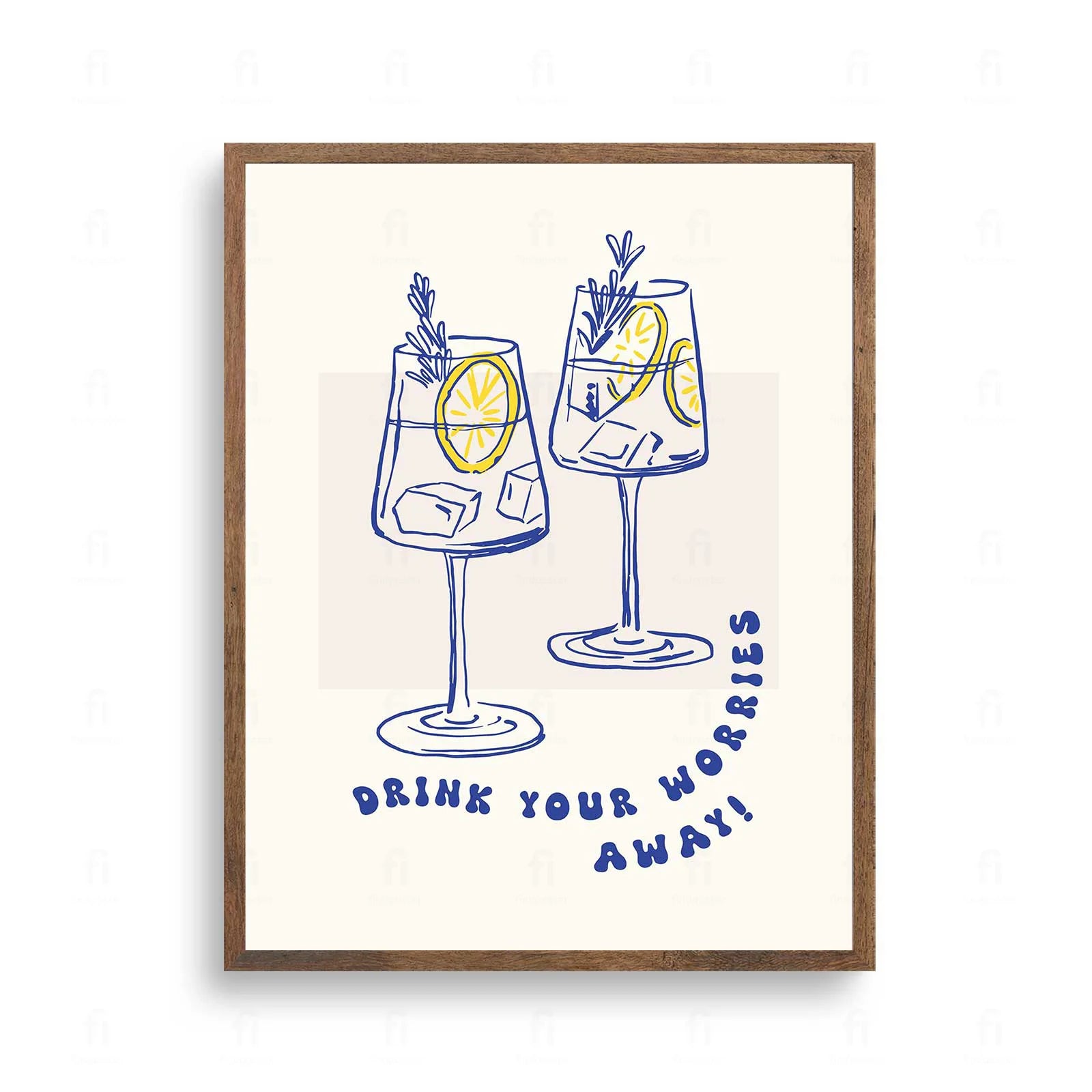 Plakat ze stylową grafiką i typografią z napisem "Drink Your Worries Away".
