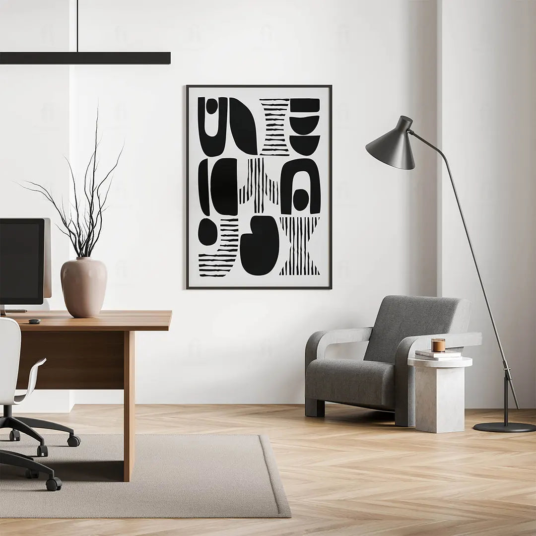 Plakat "Formy i Tekstury" wiszący w nowoczesnym salonie z designerskimi meblami.
