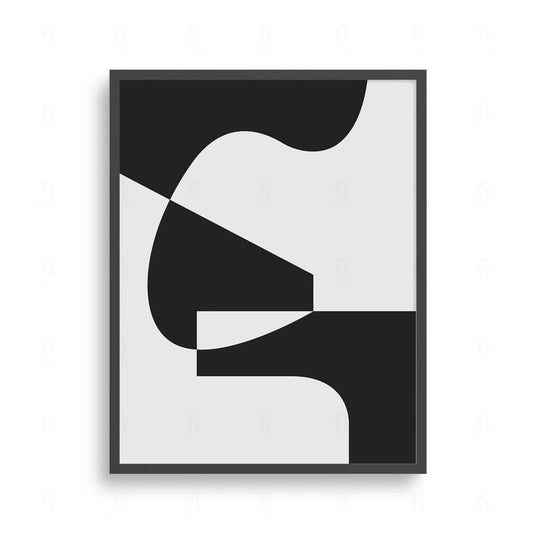 Plakat z czarno-białą, abstrakcyjną grafiką przedstawiającą zbalansowaną kompozycję geometrycznych form.