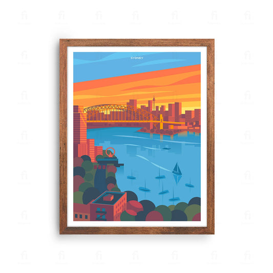 Plakat z artystyczną grafiką przedstawiającą budynek Opery w Sydney, Australia.
