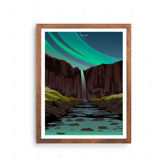 Plakat z artystyczną grafiką przedstawiającą wodospad Svartifoss na Islandii.

