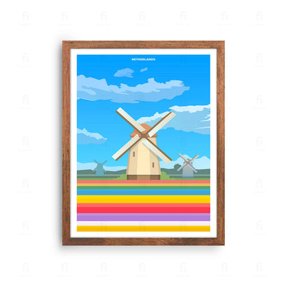 Plakat z artystyczną grafiką przedstawiającą krajobraz z holenderskimi wiatrakami.
