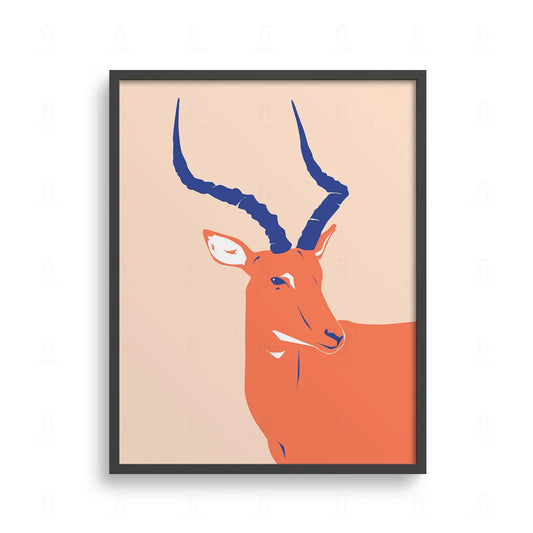Plakat z artystyczną grafiką przedstawiającą głowę antylopy Kudu z długimi, kręconymi rogami.