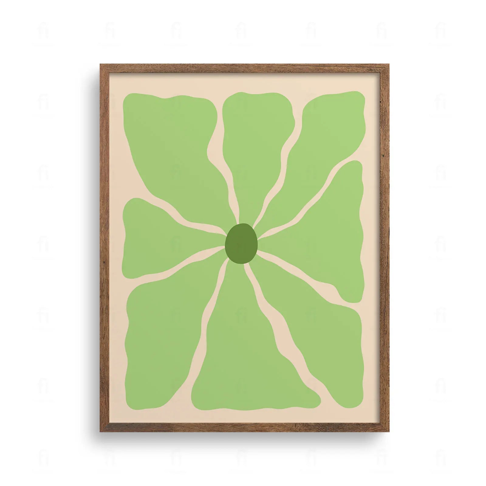 Minimalistyczna grafika przedstawiająca duży, stylizowany kwiat z ośmioma falującymi płatkami w kolorze świeżej, limonkowej zieleni.
