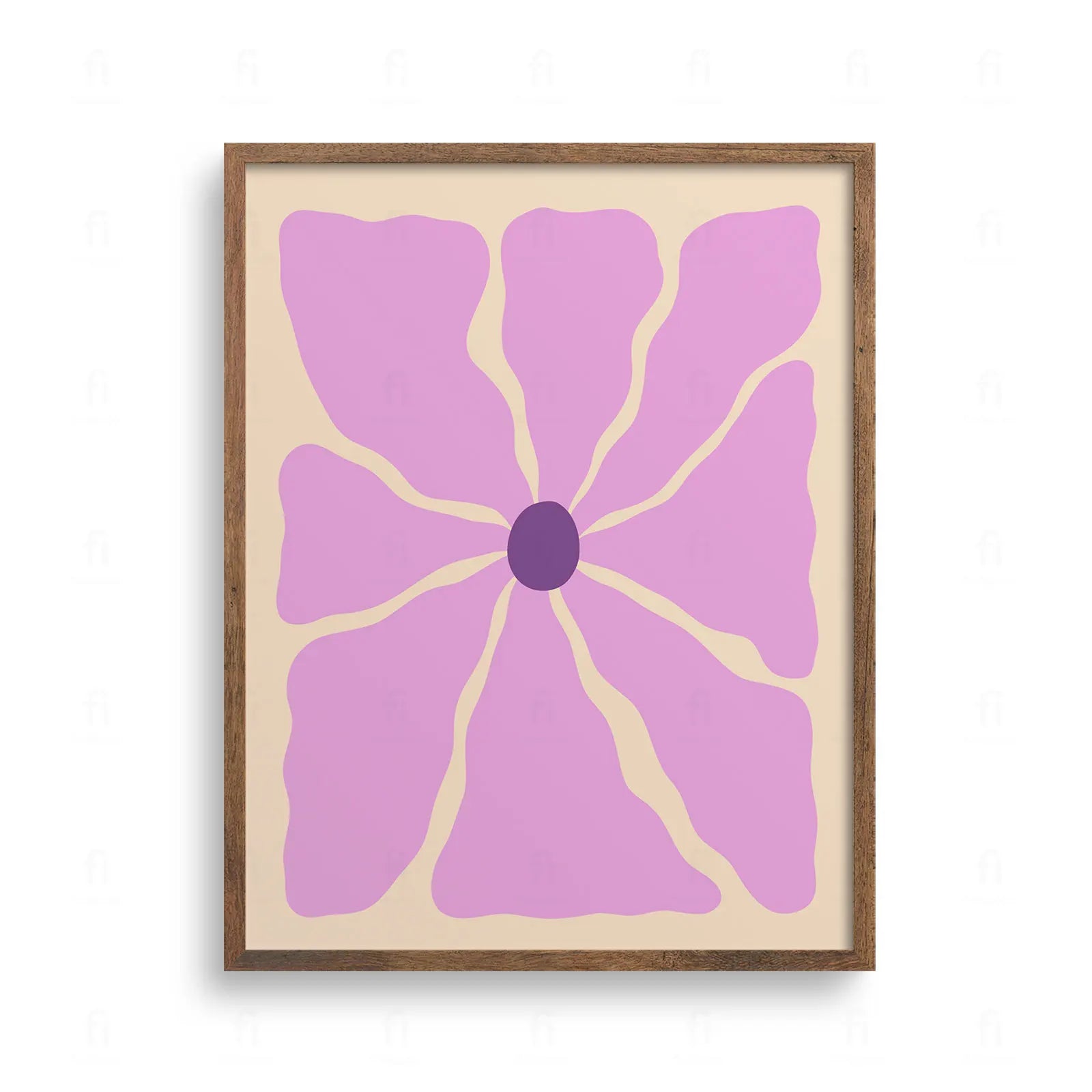 Minimalistyczna grafika przedstawiająca duży, stylizowany kwiat z ośmioma falującymi płatkami w pastelowym, lawendowym kolorze fioletu.