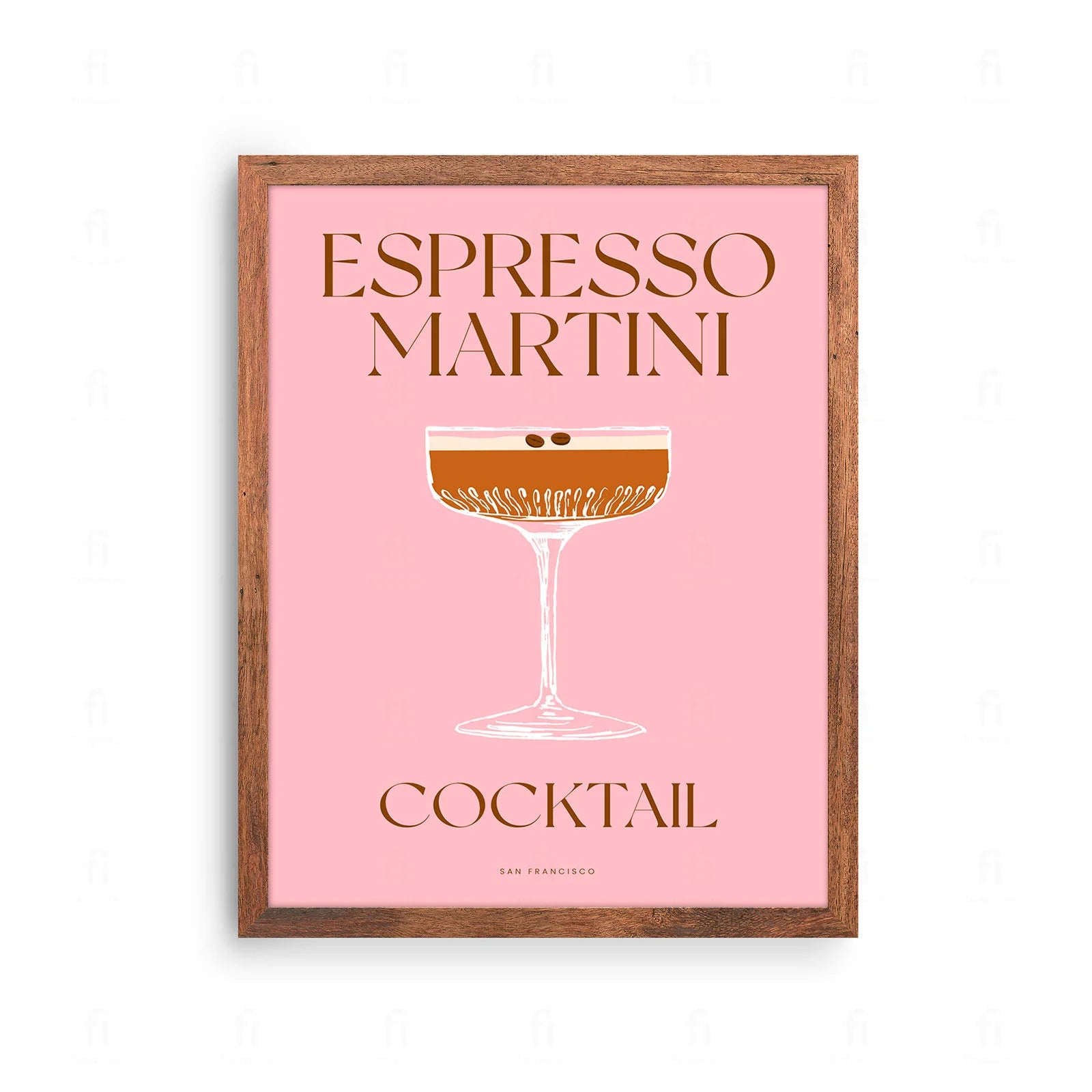  Plakat ze stylową grafiką przedstawiającą koktajl Espresso Martini z ziarenkami kawy.
