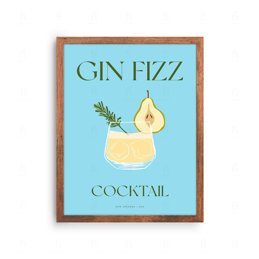 Plakat z klasyczną grafiką przedstawiającą koktajl Gin Fizz w wysokiej szklance z pianką.
