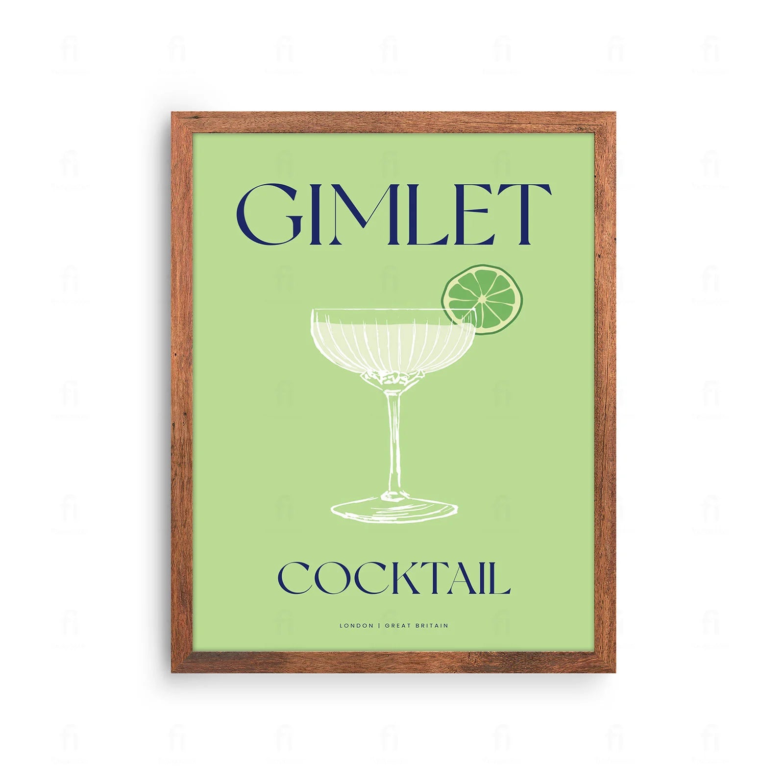  Plakat z klasyczną grafiką przedstawiającą koktajl Gimlet w kieliszku koktajlowym z plasterkiem limonki.
