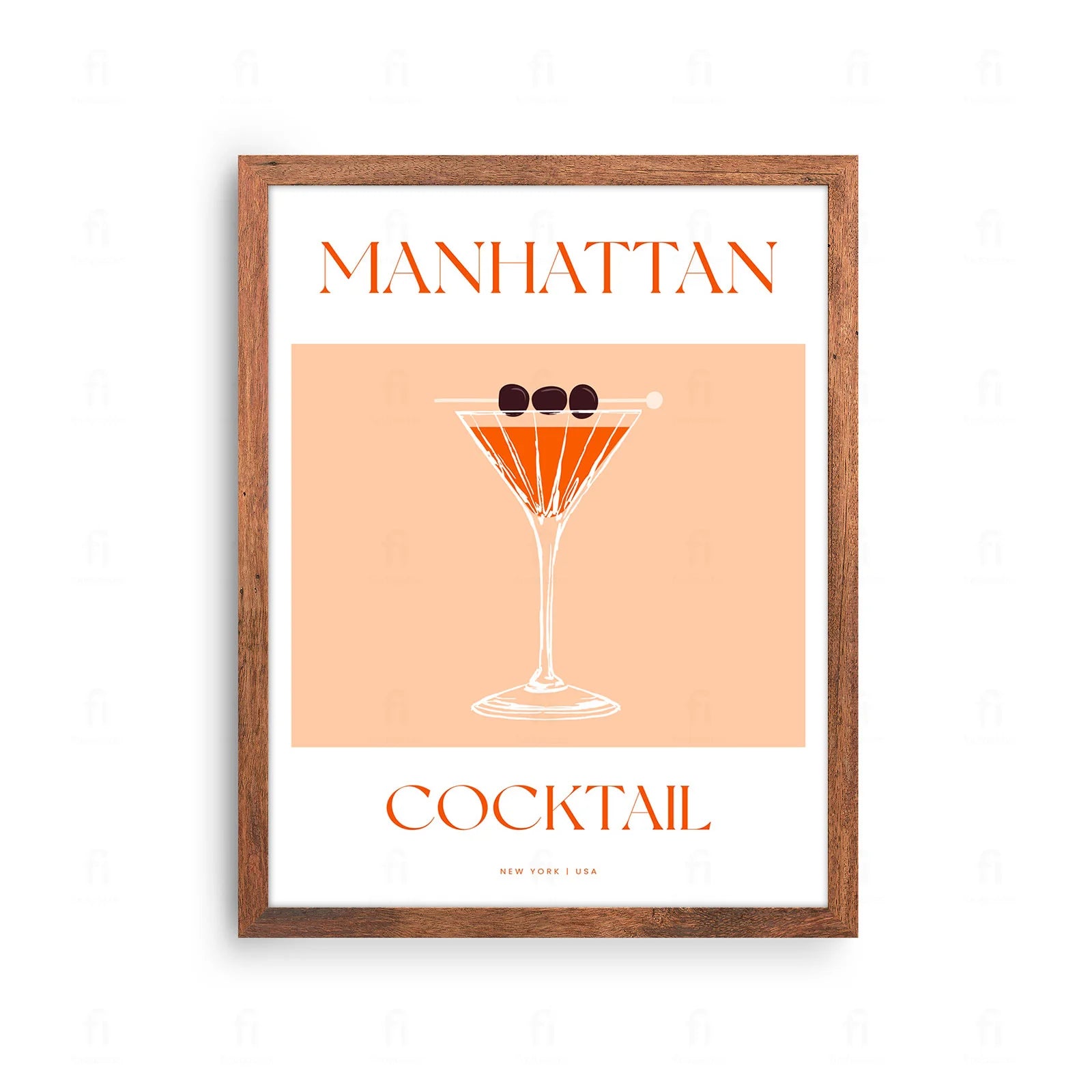 Plakat z klasyczną grafiką przedstawiającą koktajl Manhattan w kieliszku koktajlowym