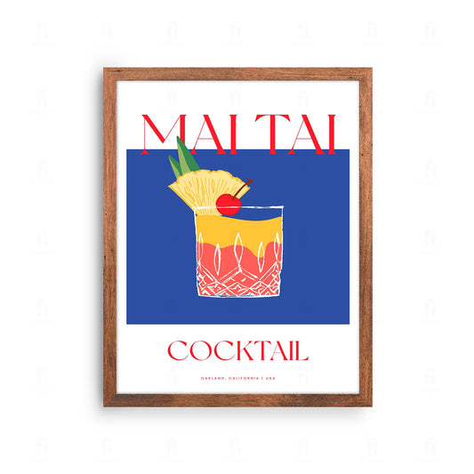 Plakat z tropikalną grafiką przedstawiającą egzotyczny koktajl Mai Tai z ananasem i miętą.
