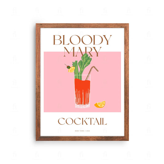 Plakat z klasyczną grafiką przedstawiającą koktajl Bloody Mary z selerem naciowym.
