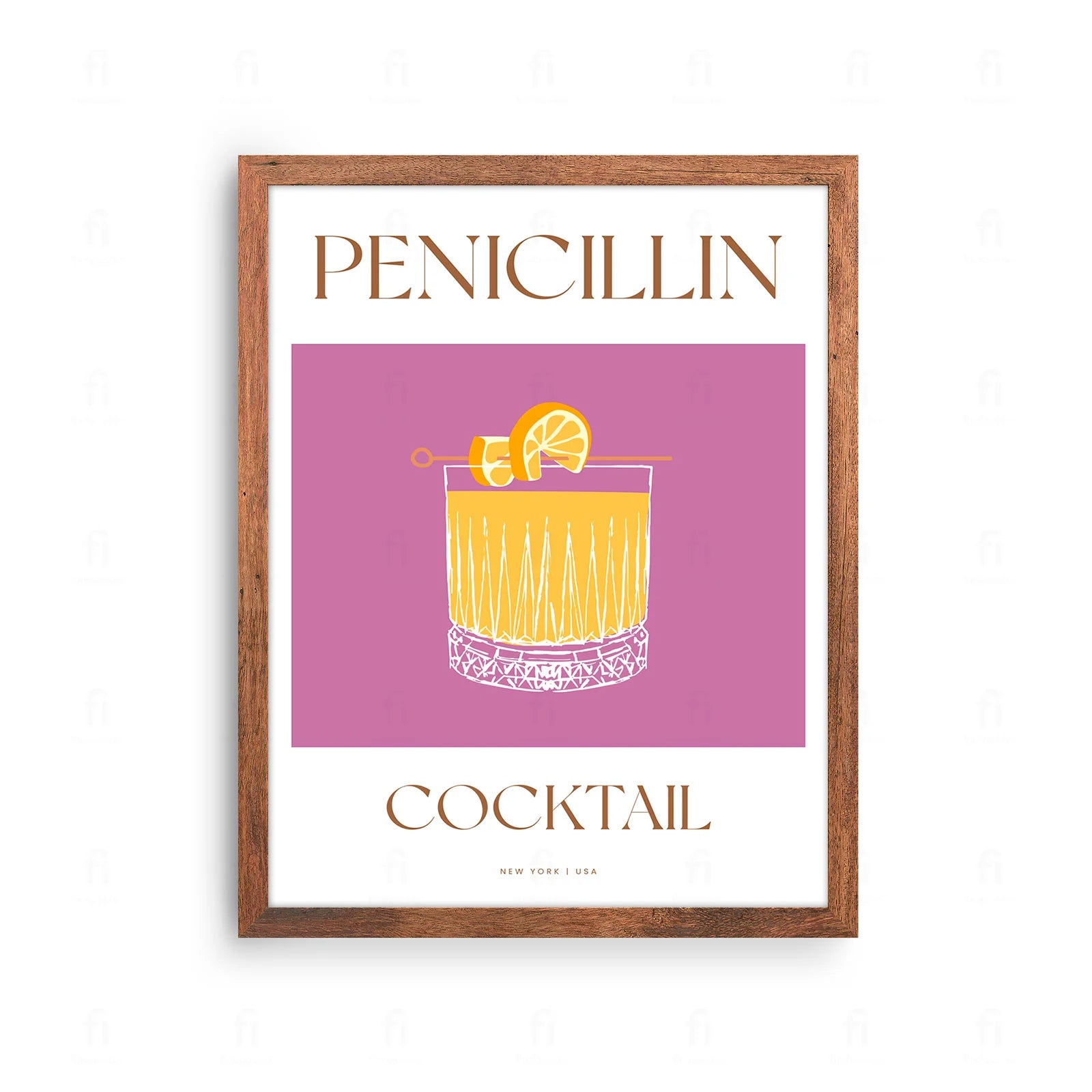  Plakat z klasyczną grafiką przedstawiającą koktajl Penicillin w niskiej szklance.
