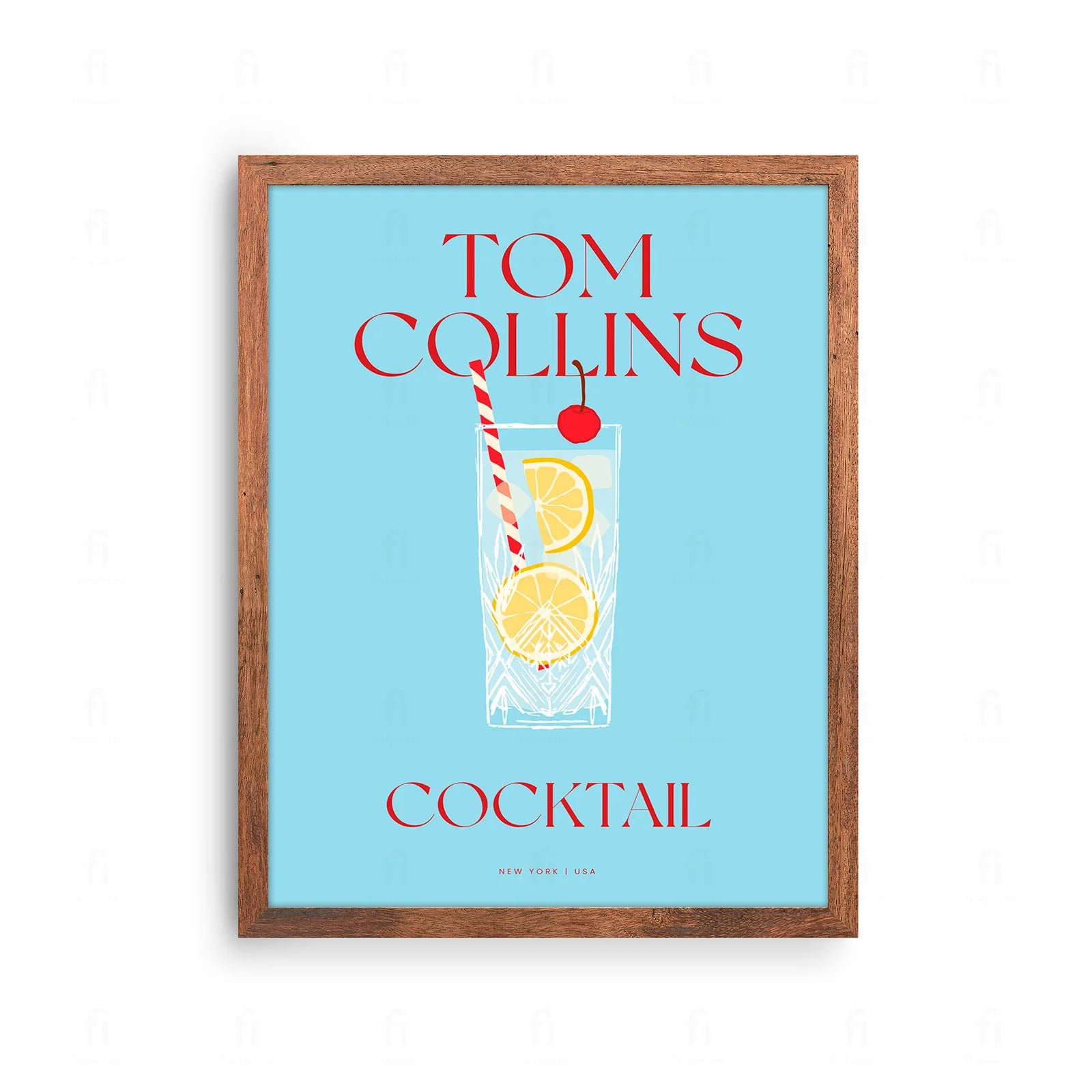  Plakat z klasyczną grafiką przedstawiającą koktajl Tom Collins w wysokiej szklance z cytryną.
